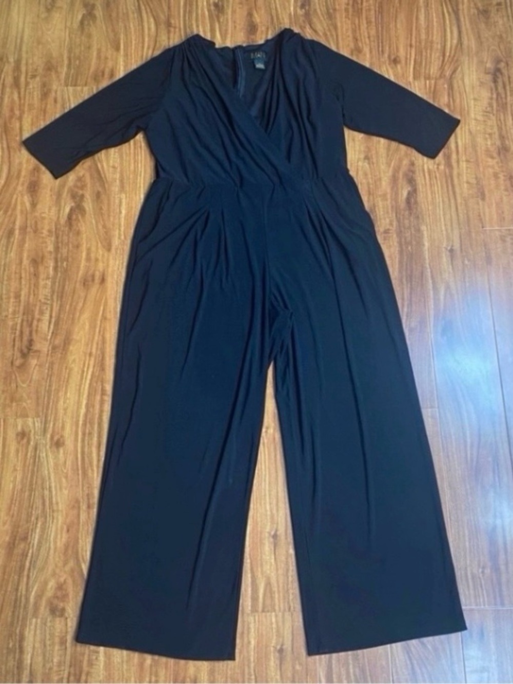 IMAN Womens Black Faux Wrap 3/4 Sleeve Stretch Wide Leg Pant Jumpsuit 1X Classic